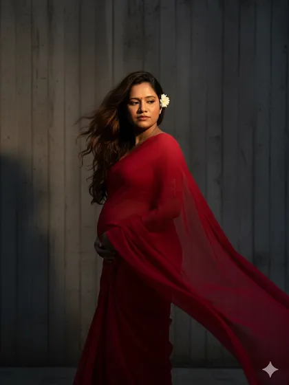 A more dramatic shot from my maternity shoot, with the flowing red saree against a textured wall.