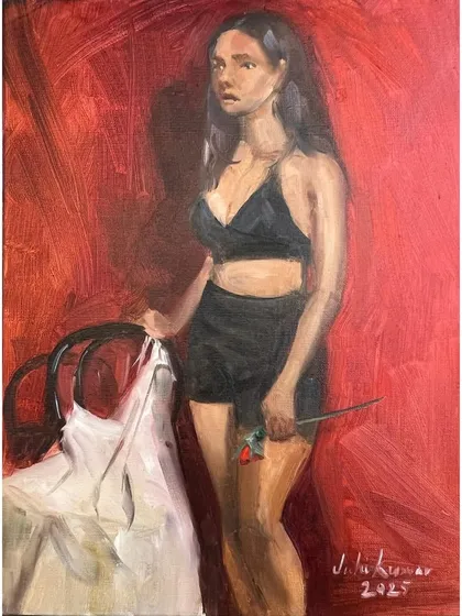 The final oil painting from a full-figure session at the Uchhan art gallery. Our model, Rama, was posing for the first time and did an amazing job. This piece is all about the mood created by the dramatic red background.