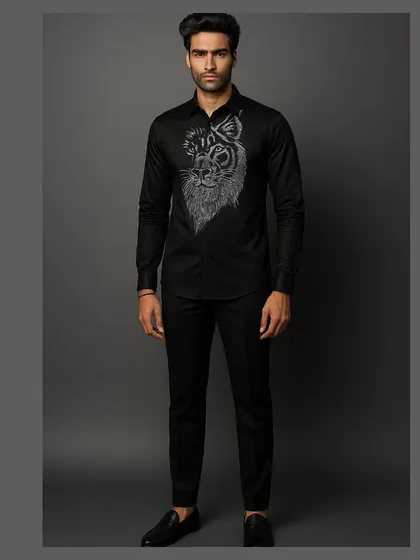 A framed full-length view of the lion shirt, highlighting its status as a statement piece within a complete, polished outfit.