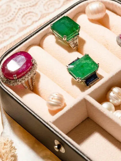 A glimpse into my treasure box of custom-cut gemstones. Here you can see the rich hues of ruby and emerald rings waiting to be transformed into your personal story, set alongside lustrous baroque pearls.