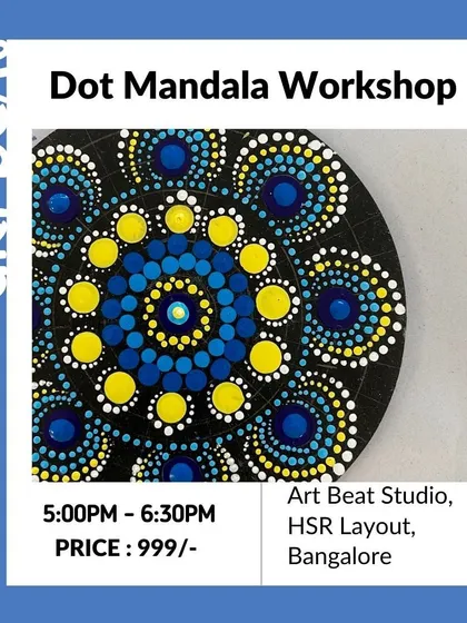 An announcement for our Dot Mandala workshop. Immerse yourself in this rhythmic and meditative art form.