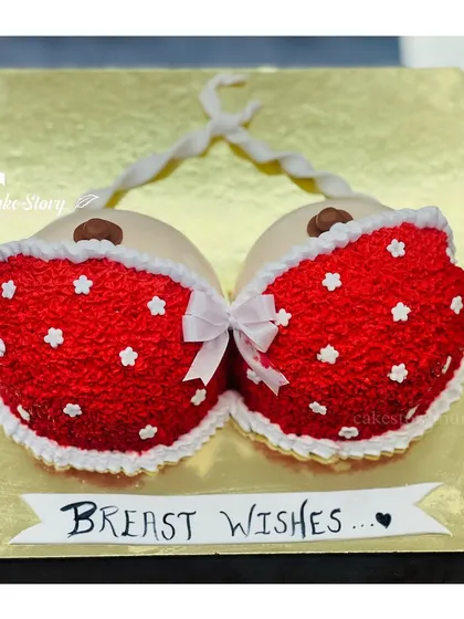 'Breast Wishes' for the groom-to-be. This bra-shaped cake is a funny and popular choice for bachelor parties, guaranteed to get a laugh.
