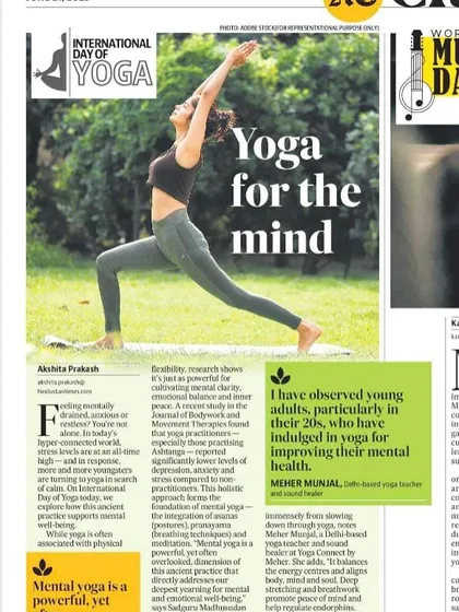 I was so grateful to be featured in the Hindustan Times for my work with 'Yoga for the mind'. It's wonderful to see the mental and emotional benefits of yoga being highlighted.