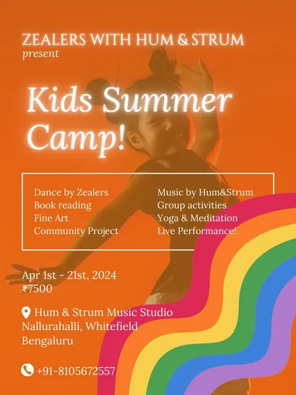Here are all the details for our upcoming Kids Summer Camp. We've packed it with a variety of activities from dance and music to art and yoga to give your child a well-rounded, creative, and fun-filled experience.