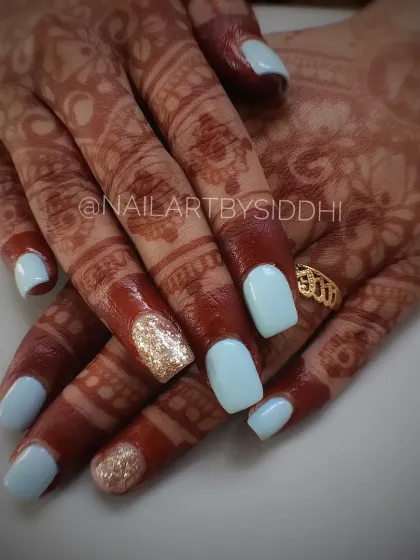 Another view of the baby blue and gold glitter bridal set, showing how the colors work together.