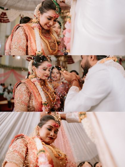 A collage of the bride being showered with rice and blessings during the ceremony. Her expressions of joy and emotion are beautifully captured.