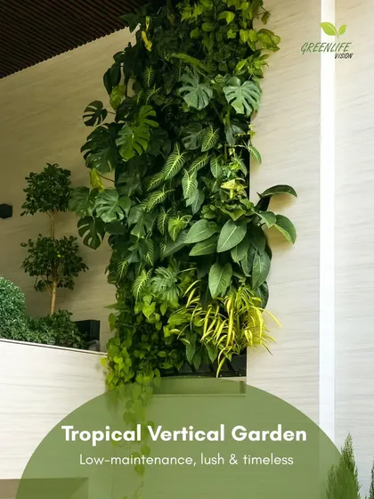 Bring the tropics home with a low-maintenance, lush, and timeless vertical garden. We select plants like Monstera to create a dense and exotic green wall.
