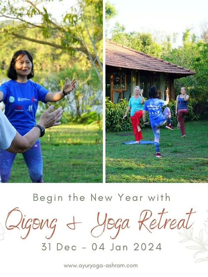 Captions will provide specific details about each retreat, its facilitators, and the daily activities, as seen in the media (e.g., "Learn the theory of Qigong and Traditional Chinese Medicine," "A serendipitous meeting at our ashram led to the creation of our Yin Yang Yoga retreat," "Daily offerings at our Bhakti retreat include kirtan and ecstatic dance.").