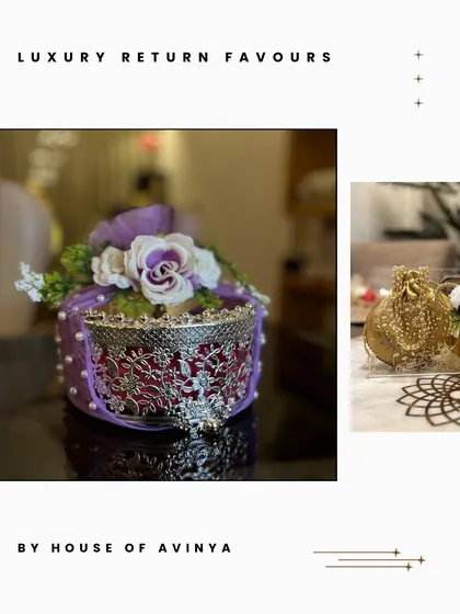 A showcase of our decorative return favours. This image features a beautifully embellished box with floral and pearl details, alongside a golden potli, ideal for weddings and festive events.
