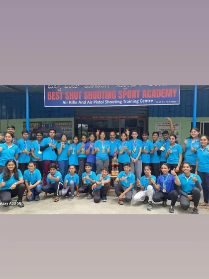 Our academy team celebrating winning the ISSF Trophy at the 11th Karnataka State Shooting Competition 2023, a testament to our all-around excellence.