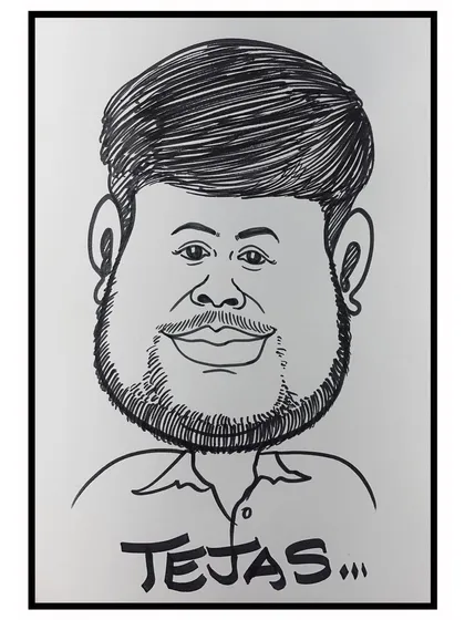 A live caricature sketch created during an exhibition at the Nesco center in Mumbai. These quick portraits are a popular attraction at trade shows and exhibitions.