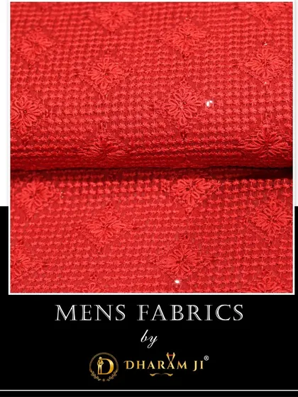 A vibrant red fabric with delicate floral embroidery. This is a fantastic choice for a festive kurta or a statement waistcoat.
