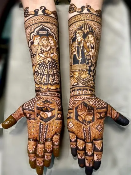 This design is a beautiful narrative, featuring a family portrait on one arm and a varmala ceremony on the other. The palms are detailed with traditional Rajasthani patterns.