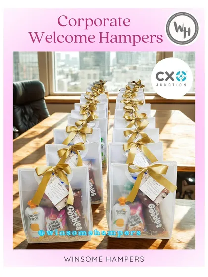 Making first impressions count with these corporate welcome hampers. The elegant gold ribbons and branded tags add a touch of class to employee onboarding.