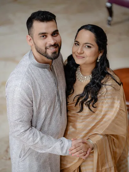 A sweet portrait of the couple during their Tilak ceremony. The bride's minimal makeup looks fresh and natural.