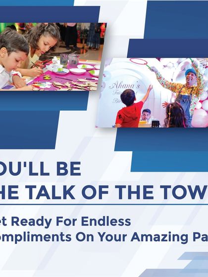 This graphic promises that your party will be "the talk of the town," featuring images of kids engaged in creative activities and enjoying a bubble show.