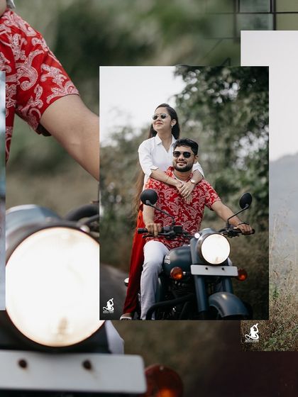 A collage focusing on details, from the pattern on the groom's shirt to the couple's embrace on a motorcycle.