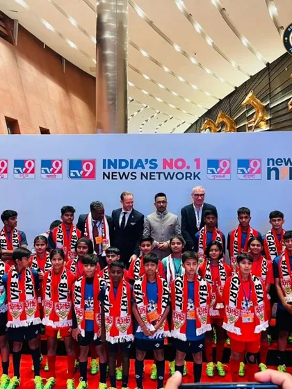 A group photo of all the talented young players selected for the training camp in Austria, with our own Aradhya Dhang among them.