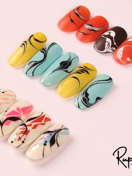 A collection of abstract and geometric swirl designs in bold colors.