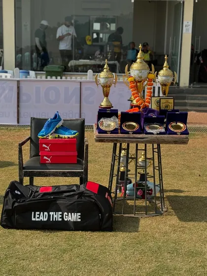 The trophies and prizes on display at the Disha Premier League. A great motivation for the players to give their best.