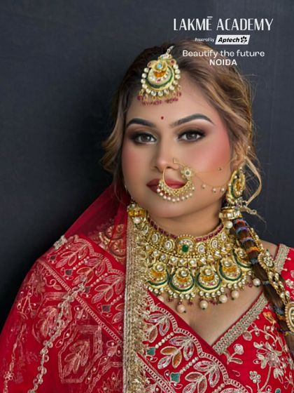 A direct and confident bridal pose. We empower our students to create looks that make brides feel like queens on their wedding day.