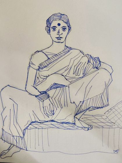 A simple ballpoint pen sketch of a woman sitting at leisure. These studies are part of my ongoing series, "Women Sitting Simply."