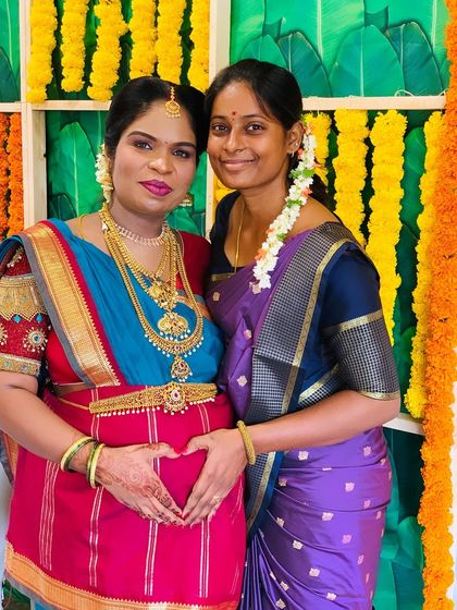 It was a joy to drape for my friend at her baby shower. I draped two different sarees for her functions, a yellow one for the morning rituals and a blue and red one for the evening, both ensuring comfort and style.