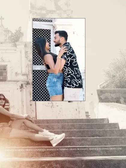 A stylish pre-wedding album page design, layering a relaxed portrait over an intimate couple shot against a clean, architectural background.