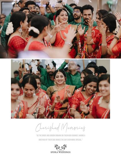 A collage capturing the bride's joyful entrance, surrounded by dancing friends and family, a true celebration of love.