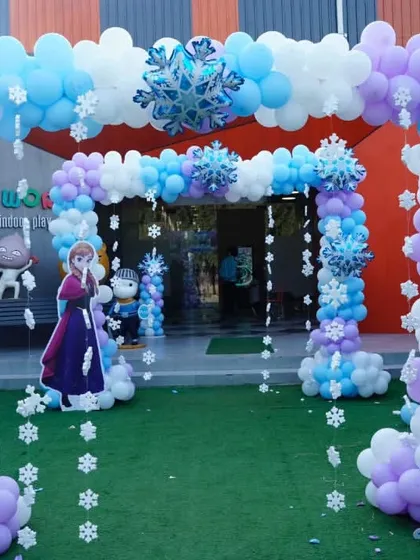 Let it snow! Our 'Frozen' themed entrance welcomes guests into a winter wonderland. With character cutouts and snowflake details, we create a magical atmosphere from the moment you arrive.