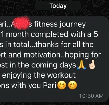 A fantastic one-month progress report. This client achieved a 5 kg weight loss by staying consistent with the workout sessions and nutrition plan. It shows that with the right support and motivation, significant changes are possible in a short amount of time.