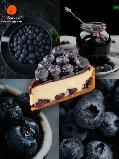 A collage dedicated to the fresh, fruity flavor of blueberry. The star is a slice of our classic blueberry cheesecake, topped with a rich blueberry compote.