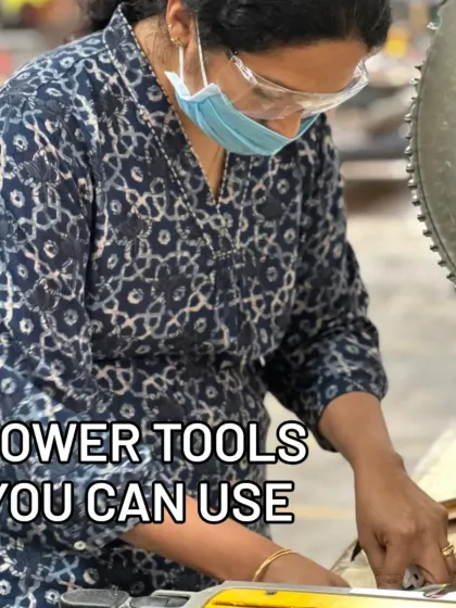 A member, fully equipped with safety glasses, confidently operates a large mitre saw. This image represents our commitment to providing a safe and empowering environment where everyone can learn to use professional-grade power tools.