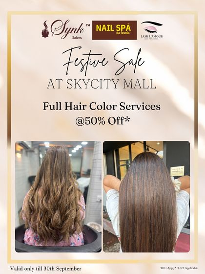 A festive sale promotion at Skycity Mall offering 50% off on full hair colour services, showing before and after results.