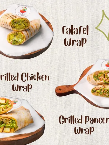 I offer a variety of wraps to suit every taste, including Falafel, Grilled Chicken, and Grilled Paneer. All are made on a whole wheat base.