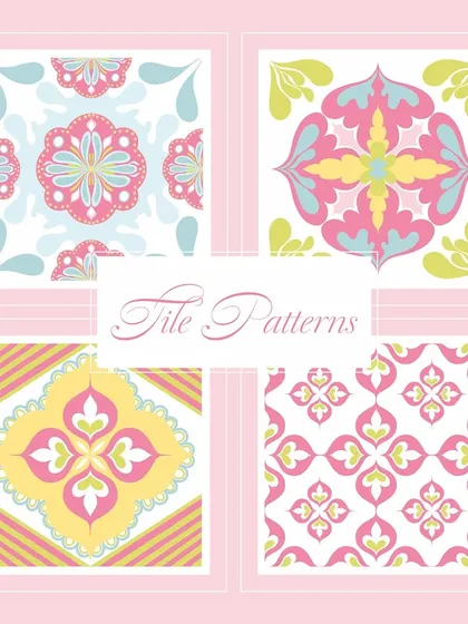 A collection of my 'Pavé Pop' tile patterns. Inspired by Mediterranean tiles but with a soft, summery pastel palette, these designs are perfect for creating a light and airy feel on fabrics, stationery, or backsplashes.