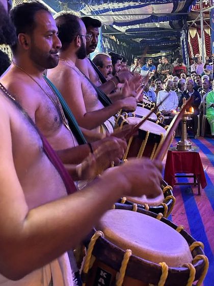 The vibrant colors of the temple pandal create a beautiful backdrop for our Panchari Melam performance in Vijinapura, Bangalore.