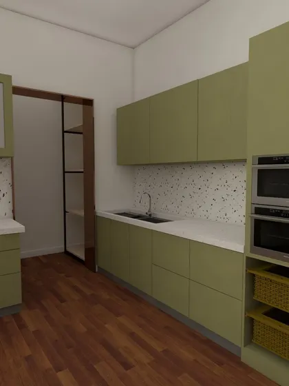 These are various 3D renders for a kitchen we are designing for a project at ATS Greens, Noida. We explore different angles and lighting to give the client a complete picture of their future kitchen.