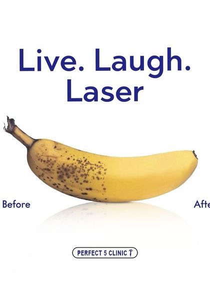 This creative visual compares a spotted banana to clear skin, illustrating the transformative power of our laser treatments in removing blemishes and evening out skin tone.