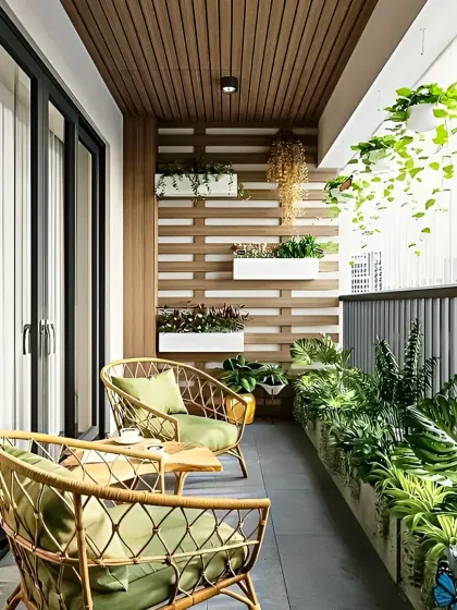 This long balcony was transformed into a green haven with a variety of plants in wall-mounted and floor planters. The wicker seating provides a comfortable spot to enjoy a cup of coffee surrounded by nature.