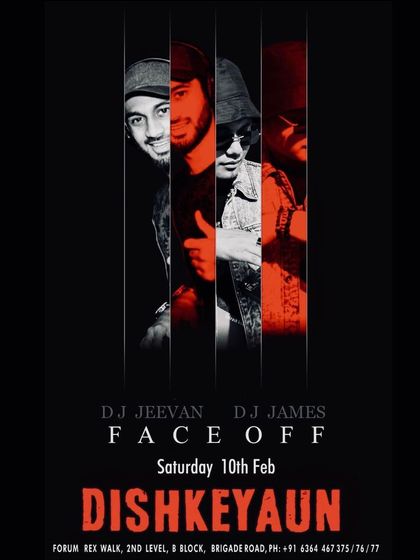 A creative "Face Off" poster for a Saturday night at Dishkeyaun, where I played alongside another DJ for a dynamic musical battle.