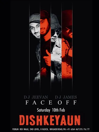 A creative "Face Off" poster for a Saturday night at Dishkeyaun, where I played alongside another DJ for a dynamic musical battle.