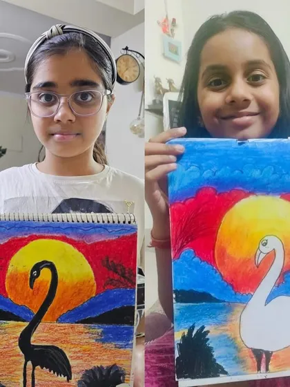 These two students did an amazing job with their sunset and flamingo paintings. Learning to blend colors for a sunset is a key skill we practice in our landscape lessons.