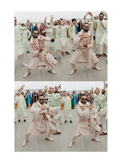 A collage capturing the groom's energy during the Baraat. His blush Sarab Khanijou ensemble was designed to be light and comfortable, allowing him to dance with joy.