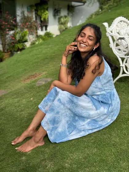 Feeling happy and relaxed in my handmade dress. The natural indigo gives it a soft, calming blue that feels wonderful against the skin.