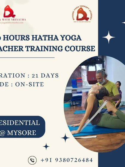 An advertisement for our 200-hour Hatha Yoga Teacher Training Course. The image shows me assisting a student with a strap, emphasizing our focus on using props for proper alignment.