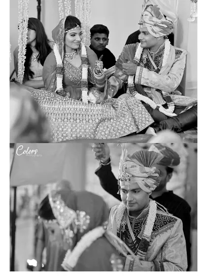 A black and white collage capturing various candid and ritualistic moments from the wedding ceremony.