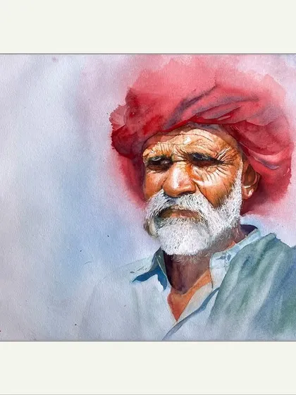 'AN OLD BODY,' a watercolour portrait that explores the textures and tones of age. The bright red of the turban bleeds softly into the background, creating a halo effect around a face full of character.
