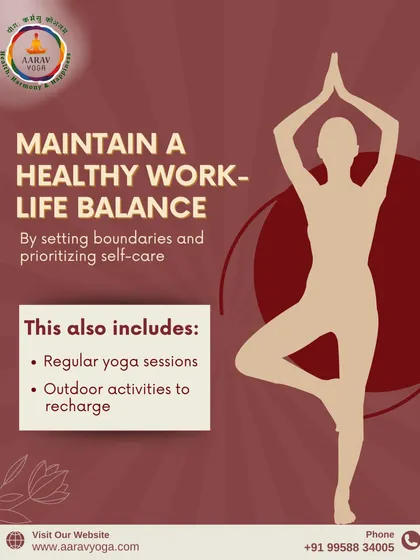 This visual provides tips for maintaining a healthy work-life balance, positioning regular yoga sessions as a key component of self-care and setting boundaries.