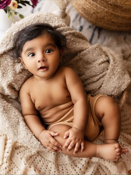 A beautiful, natural portrait of a baby relaxing in a soft basket. The neutral tones and soft fabrics are perfect for highlighting their features.